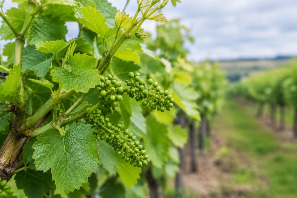 Small green grape clusters still forming on the vine among fresh leaves in early summer
